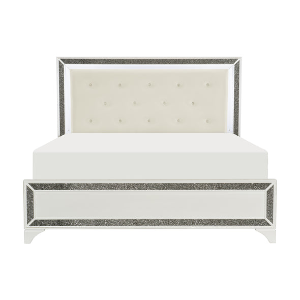 Salon White Queen LED Upholstered Panel Bed