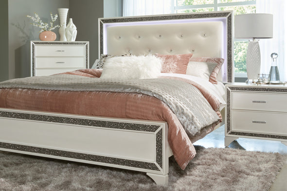 Salon White Queen LED Upholstered Panel Bed