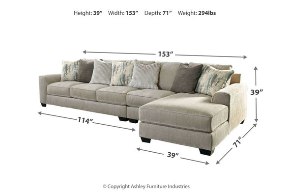 Ardsley Pewter 3-Piece Large RAF Chaise Sectional