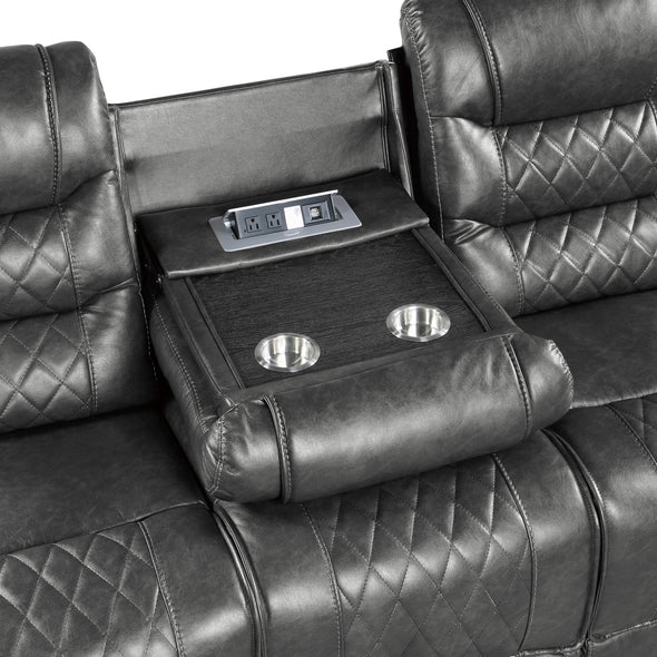 9405GY-3PW Power Double Reclining Sofa with Center Drop-Down Cup Holders, Receptacles and USB Ports - Luna Furniture