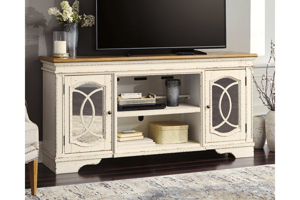Realyn Chipped White 74" TV Stand - Ashley - Luna Furniture