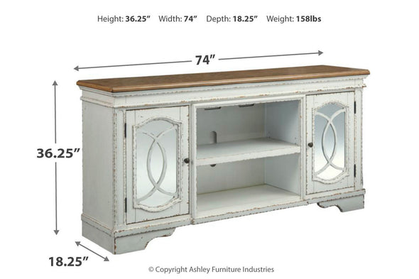 Realyn Chipped White 74" TV Stand - Ashley - Luna Furniture