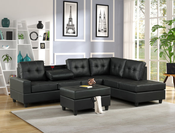 Heights Black Faux Leather Reversible Sectional with Storage Ottoman