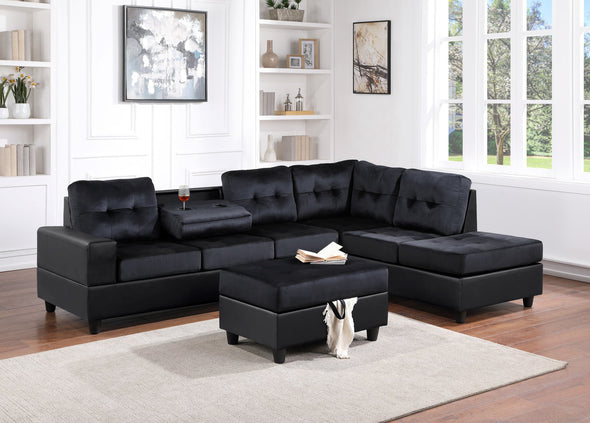 Heights Black/Black Reversible Sectional with Storage Ottoman -  - Luna Furniture